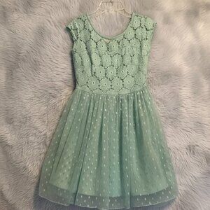 MyMichelle Polka Dot Lace Fit & Flare Skater Dress Sea Foam Green Size 1
